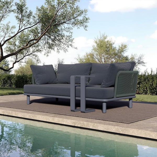2-Piece Black Aluminum Outdoor Patio Conversation Couch & Side Table Set with Black Cushions, Weather Resistant, Seats 3