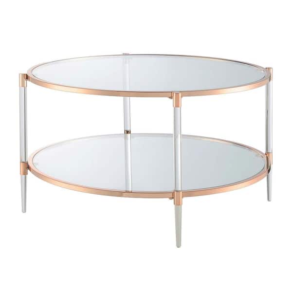 Convenience Concepts Royal Crest 34 in. Rose Gold Standard Height Round Glass Top Coffee Table with Shelf