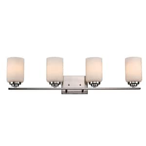 Mod Pod 31 in. 4-Light CFL Brushed Nickel Bathroom Vanity Light Fixture with Frosted Glass Cylinder Shades