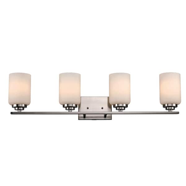 Bel Air Lighting Mod Pod 31 in. 4-Light CFL Brushed Nickel Bathroom Vanity Light Fixture with Frosted Glass Cylinder Shades