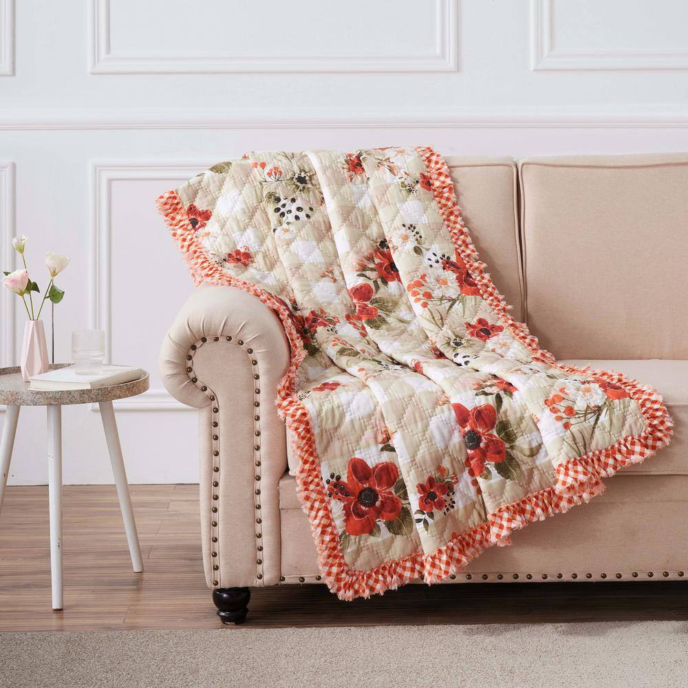Gingham Floral Reversible Cotton Throw Blanket with Ruffle Trim