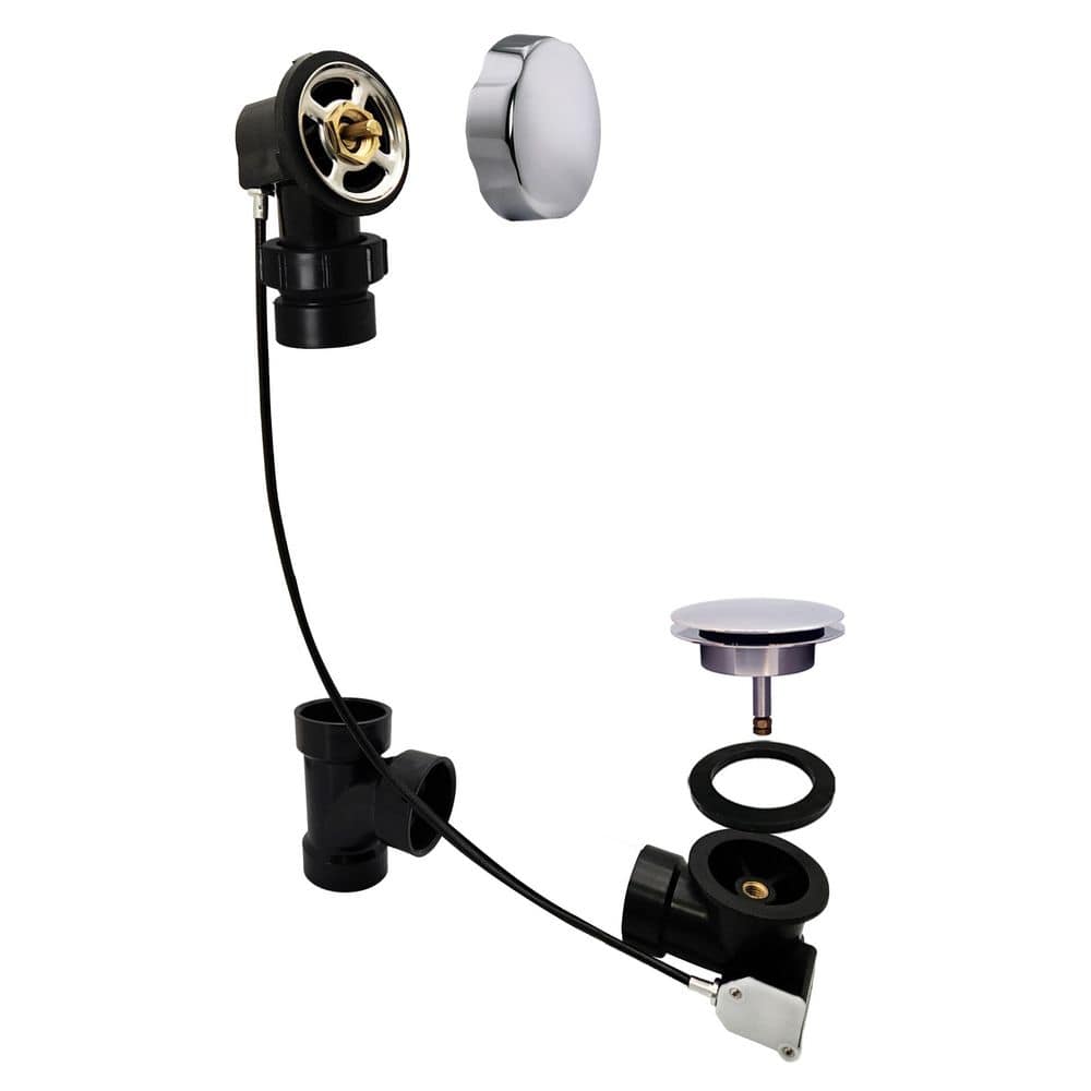 27 in. Cable Drive Bath Drain with Rotary Overflow and Ball Joint Elbow, Pop-Up Stopper - Sch. 40 ABS, Polished Chrome