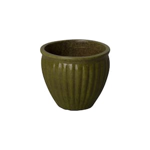 11 in. Tropical Green Round Ceramic Planter with Ridges