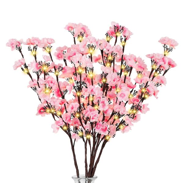 Oumilen 30 in. Pink Artificial Plum Blossom Lights Home Decoration 5-Pieces Set Individual Flower Stems