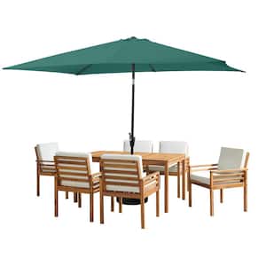 8-Piece Set Okemo Wood Outdoor Dining Table Set with 6-Chairs White Cushions 10 ft. Rectangular Umbrella Hunter Green