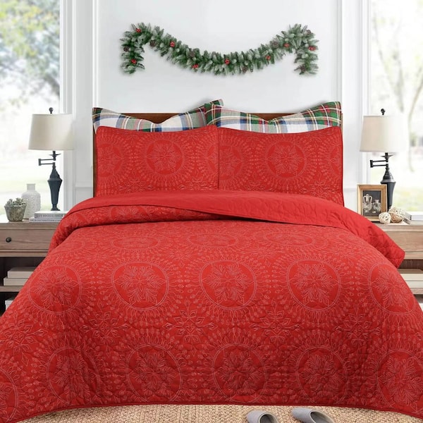 MarCielo 2596846 Christmas Red Snowflake Medallion Queen Polyester Quilt Bedspread Set