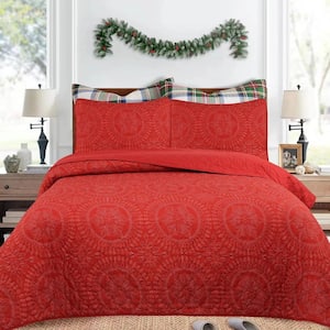 2596847 Christmas Red Snowflake Medallion King Size Polyester Quilt Bedspread Set