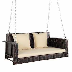 48 in. 2-Person Brown Wicker Porch Swing with Beige Cushions, 140 in. L Adjustable Chains, Patio Swing for Outdoors