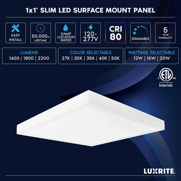 1 x 1 ft. LED Slim Surface Panel Recessed Light 5CCT 2700K-5000K Dimmable 1400/1800/2200LM 12/16/20W Damp Rated