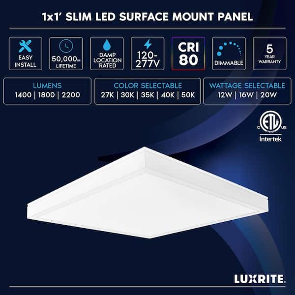 1 x 1 ft. LED Slim Surface Panel Recessed Light 5CCT 2700K-5000K Dimmable 1400/1800/2200LM 12/16/20W Damp Rated (2-Pack)
