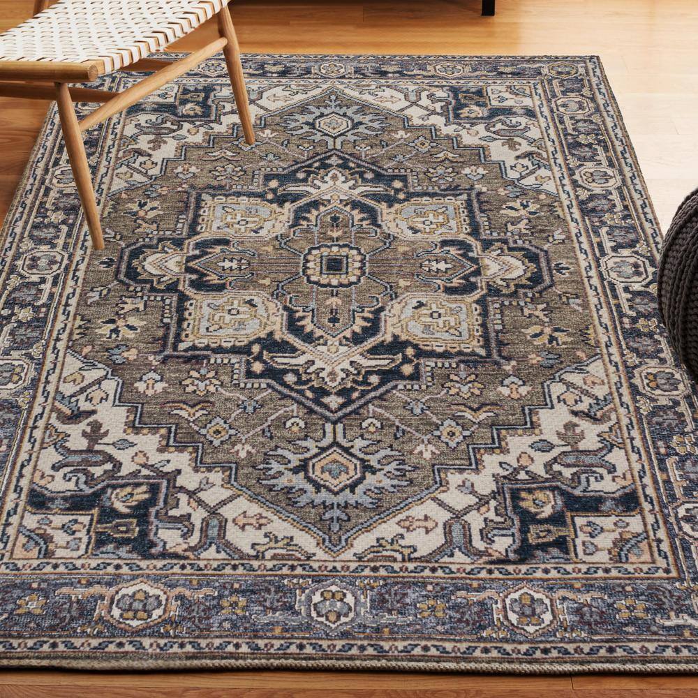 Cirali Green Navy Cream Washable Medallion Area Rug 4' x 6'