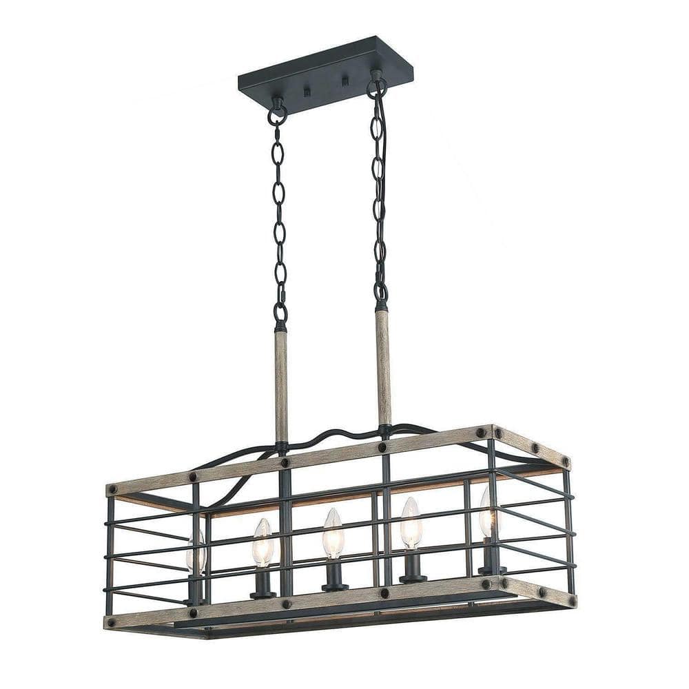 Rustic 5-Light Aged Gray Cage Chandelier Candle Wooden Texture Island Recta