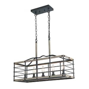 Rustic 5-Light Aged Gray Cage Chandelier Candle Wooden Texture Island Rectangle High Ceiling Light