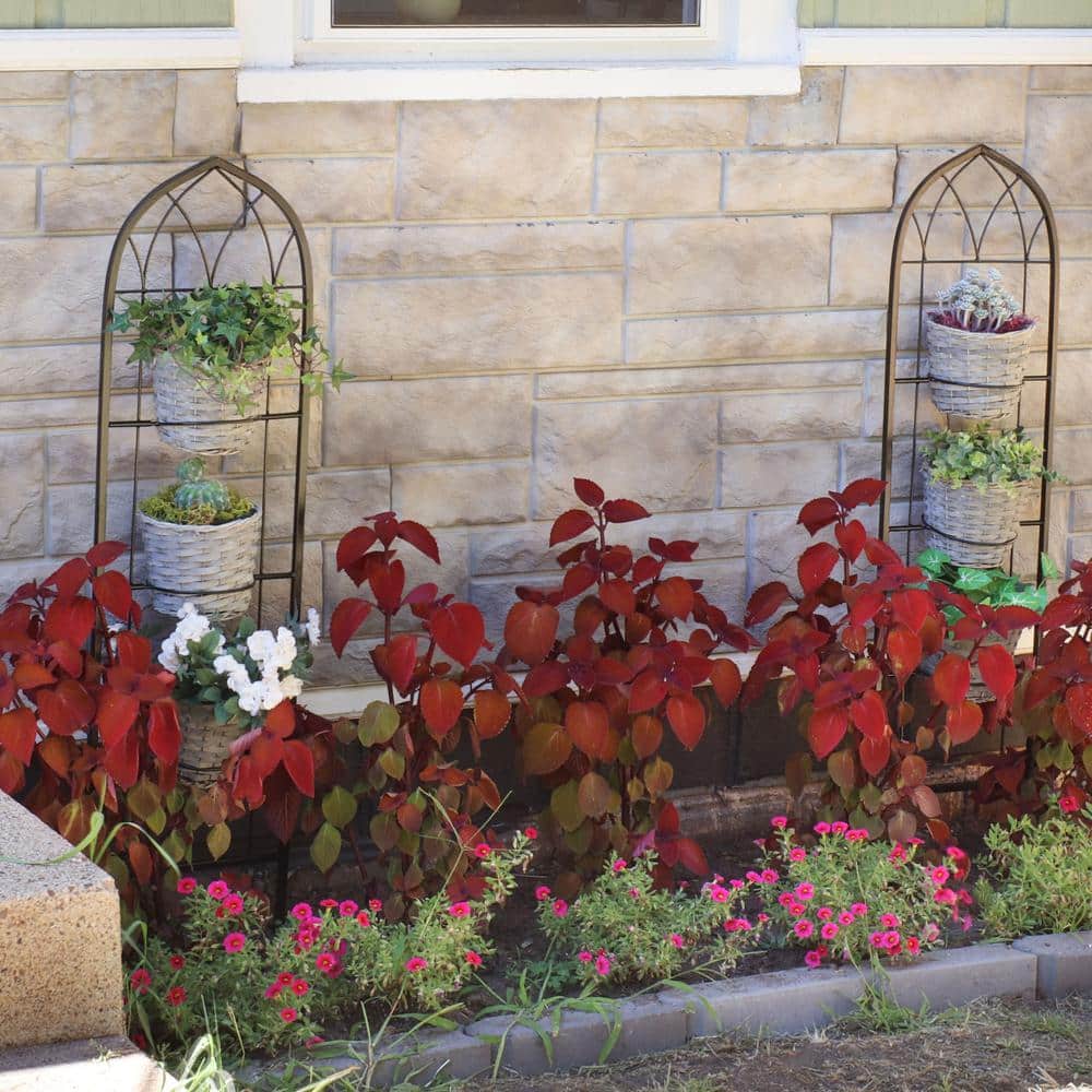 Black Steel Arched Garden Trellis with Flowerpot Supports, Set of 2