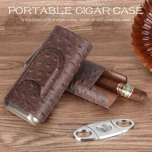 LUBINSKI-Brown Leather Cigar Case Holder, Cedar Wood Cigar Humidor, 3 Stick Cigars With Cutter Gift, CE-008, 2022 - 15 - View #8