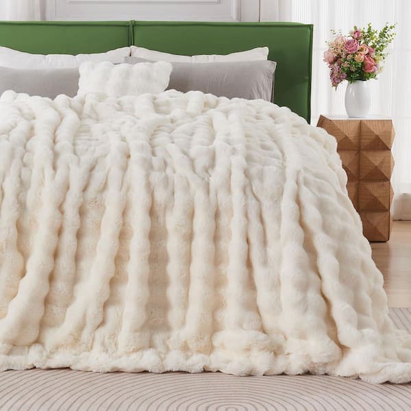 ILTB Beige Faux Fur 90 in. x 108 in. Plush Shag Fuzzy Throw Blanket for Couch Sofa