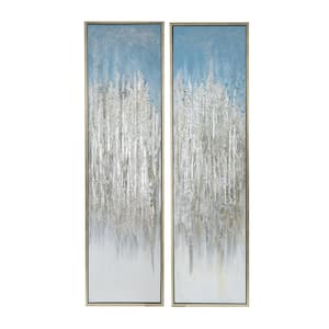 Blue, Gray, Silver and Gold Wooden Framed Hand Painted DahliaWall Art (Set of 2)