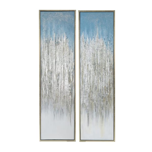 Benjara Blue, Gray, Silver and Gold Wooden Framed Hand Painted DahliaWall Art (Set of 2)