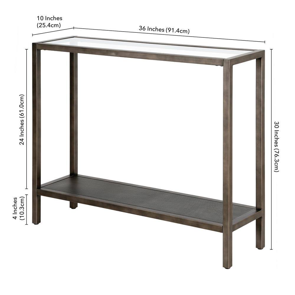 36" Aged Steel and Glass Industrial Hallway Table with Mesh Shelf
