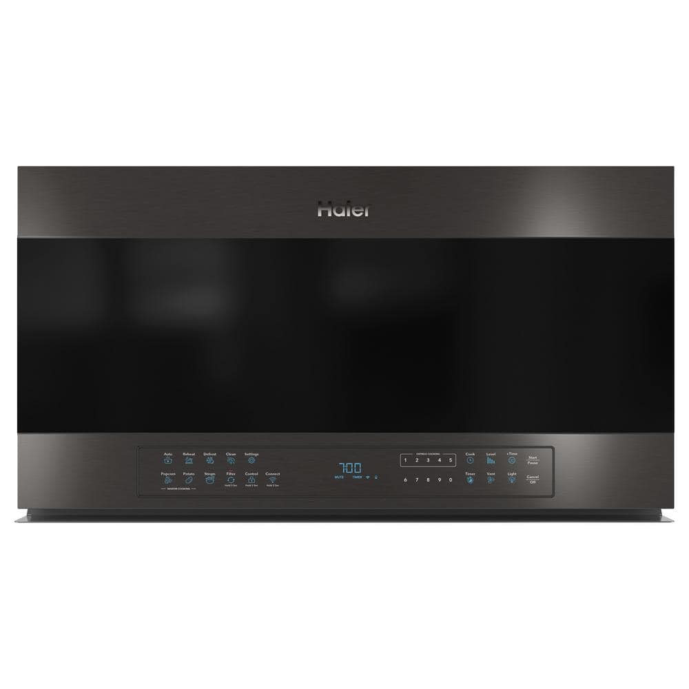 Haier 1.6 cu. ft. Smart Over the Range Microwave in Black Stainless Steel with Sensor Cooking, Fingerprint Resistant, Fingerprint Resistant Black Stainless Steel