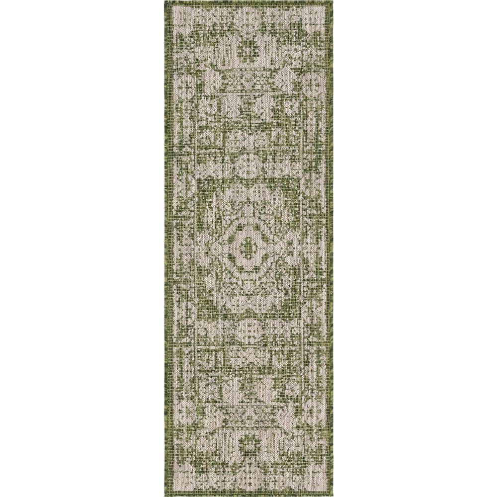 Green and Ivory Flat Woven Outdoor Runner Rug