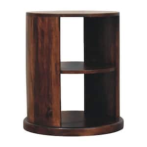 Modern 17.72 in. Walnut Brown Round Solid Mango Wood Top End Table with 2 Display Shelves