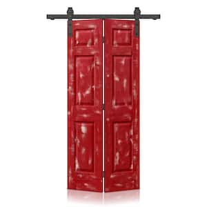24 in. x 80 in. Vintage Red Stain 6 Panel MDF Composite Hollow Core Bi-Fold Barn Door with Sliding Hardware Kit