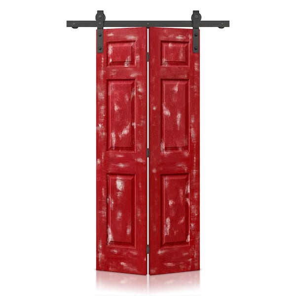 CALHOME 24 in. x 80 in. Vintage Red Stain 6 Panel MDF Composite Hollow Core Bi-Fold Barn Door with Sliding Hardware Kit