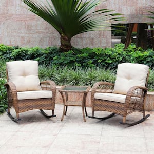 3-Piece Wicker Rocking with Cushions Patio Conversation Set - Light Brown