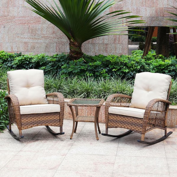 Maypex 3-Piece Wicker Rocking with Cushions Patio Conversation Set - Light Brown