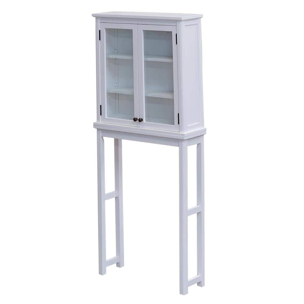 White Wood Over-the-Toilet Storage with Glass Doors