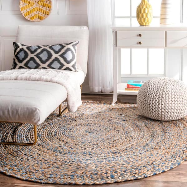 Eliz Striped Farmhouse Jute Blue 8 ft. x 8 ft. Round Rug
