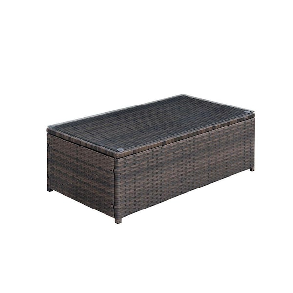Benjara 34 .62 in. L Brown Rectangle Faux Rattan and Aluminum Glass Top Coffee Table