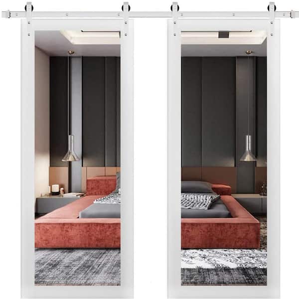 32 in. x 84 in. 2 Panel Mirrored Glass White Solid Wood Sliding Barn Door with Hardware Kit