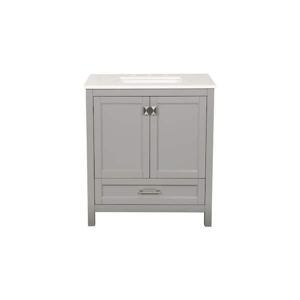 30 in. Single Sink Freestanding Gray Bath Vanity with White Marble Top, Open Back for Plumbing, Fully Assembled