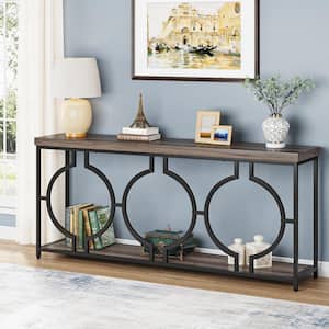 Catalin 71 in. Gray Rectangle Wood Console Table, 2-Tier Industrial Long Narrow Entryway Table with Storage Shelves