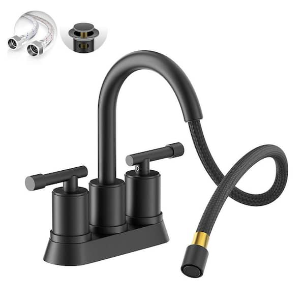 4 in. Bathroom Sink Faucet Pull Out, 3 Hole Matte Black Centerset Bathroom Faucets 2 Handle Pull Down Bathroom Drain