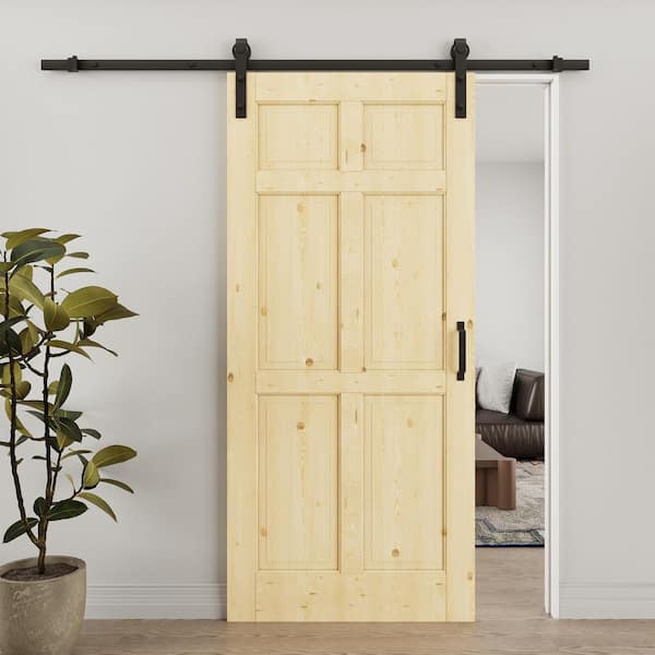 ARK DESIGN 36 in. x 80 in. 6-Panel Unfinished Solid Core Pine Wood Sliding Barn Door with Hardware Kit