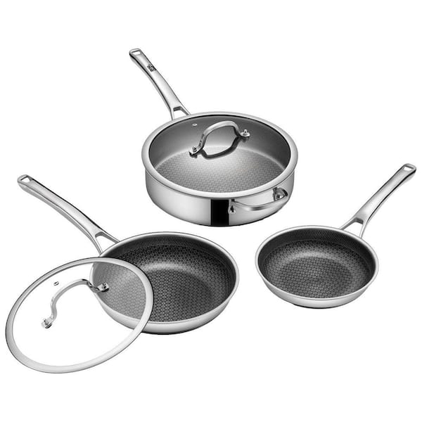 Hybrid Nonstick 5 Quart Stainless Steel Saute Pan with Lid, 10 Inch Skillet, 8 Inch Skillet, Dishwasher Safe