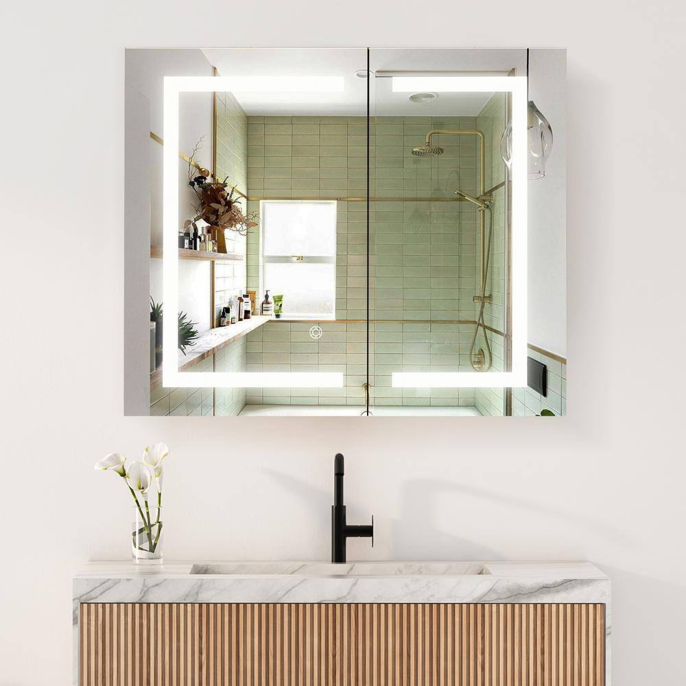 Modern Frameless Silver Glass LED Lighted Bathroom Medicine Cabinet