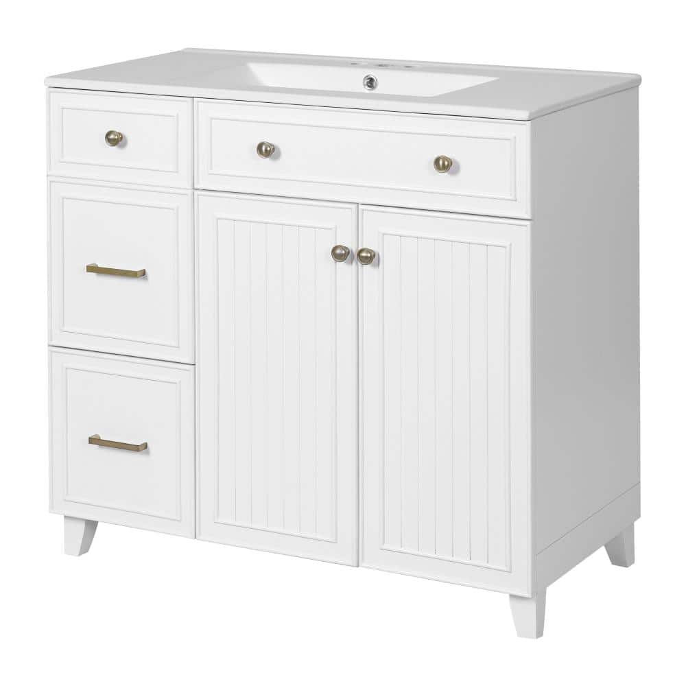 36 in. W x 18.3 in. D Bath Vanity in White with Ceramic Top, Sink and Double-Layer Storage Drawers price history on PriceWatchPro