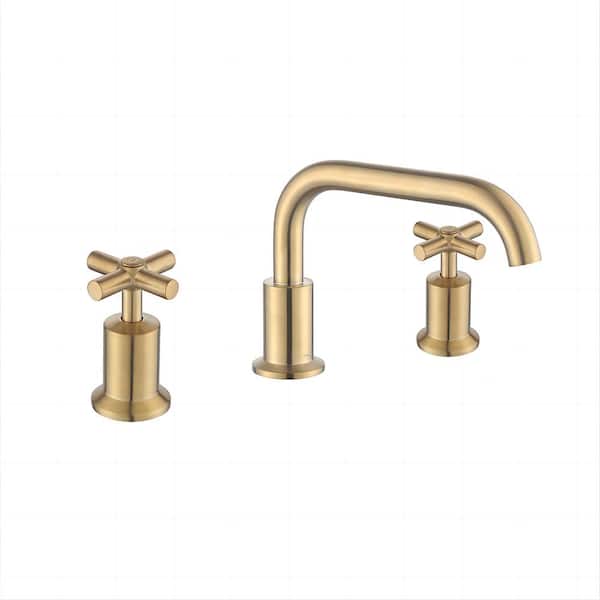 UPIKER Modern 8 in. Widespread Double Handle 360-Degree Swivel Spout Bathroom Faucet with Drain Kit Included in Brushed Gold