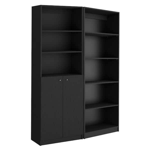 71.1 in. Tall Black Engineered Wood 5 Shelf Standard Bookcase with Doors