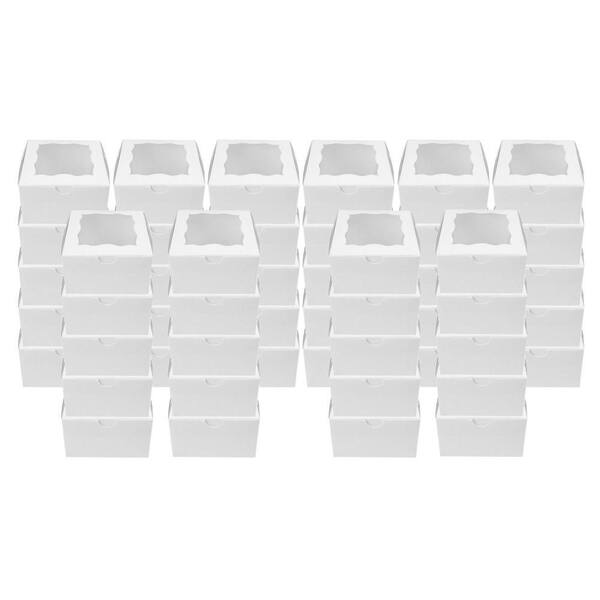 4 in. x 4 in. x 2.5 in. Paper Kraft Cardboard Cake Boxes with Window for Cupcakes, Donuts and Cookies, White (50-Pack)