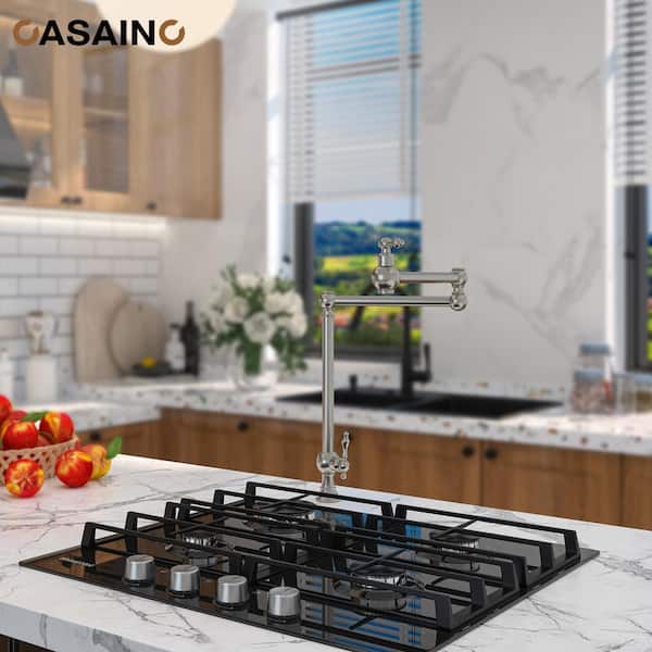 Vintage Deck Mount Pot Filler Kitchen Faucet, with Folding Stretchable Double Joint Swing Arms in Brass Brushed Nickel