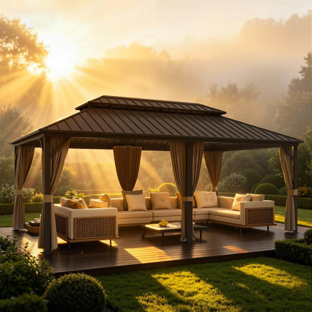 12 ft. x 20 ft. Double Top Steel Hardtop Gazebo, Outdoor Patio Aluminum Frame Pavilion with Curtains and Netting price history on PriceWatchPro