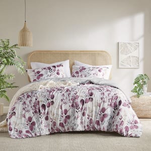 Gabby 3-Piece Plum/Grey Microfiber Full/Queen Reversible Floral Botanical Seersucker Comforter Set