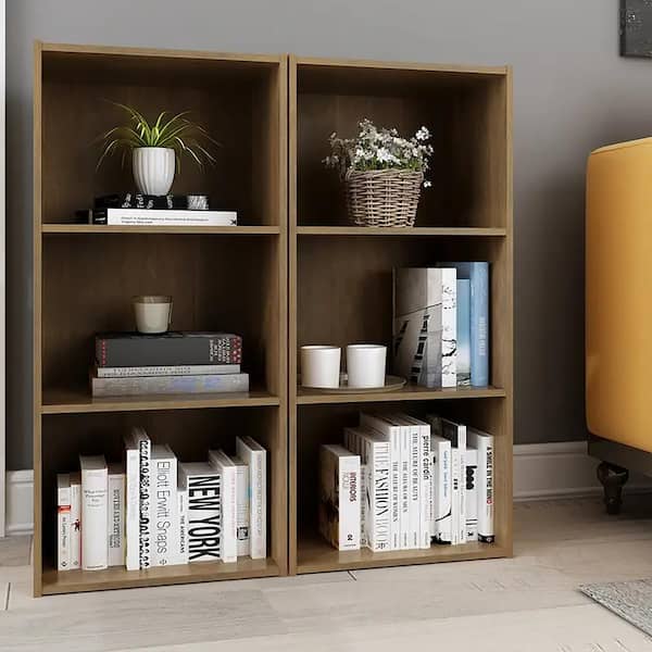 Unbranded Yunna 34.7 in. Tall Knotty Oak Wood 3-Tiers Small Toolless Bookcase (2-Piece) with Modern Design