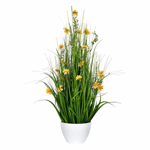 Vickerman 31 in. Artificial Potted Yellow Cosmos and Green Grass