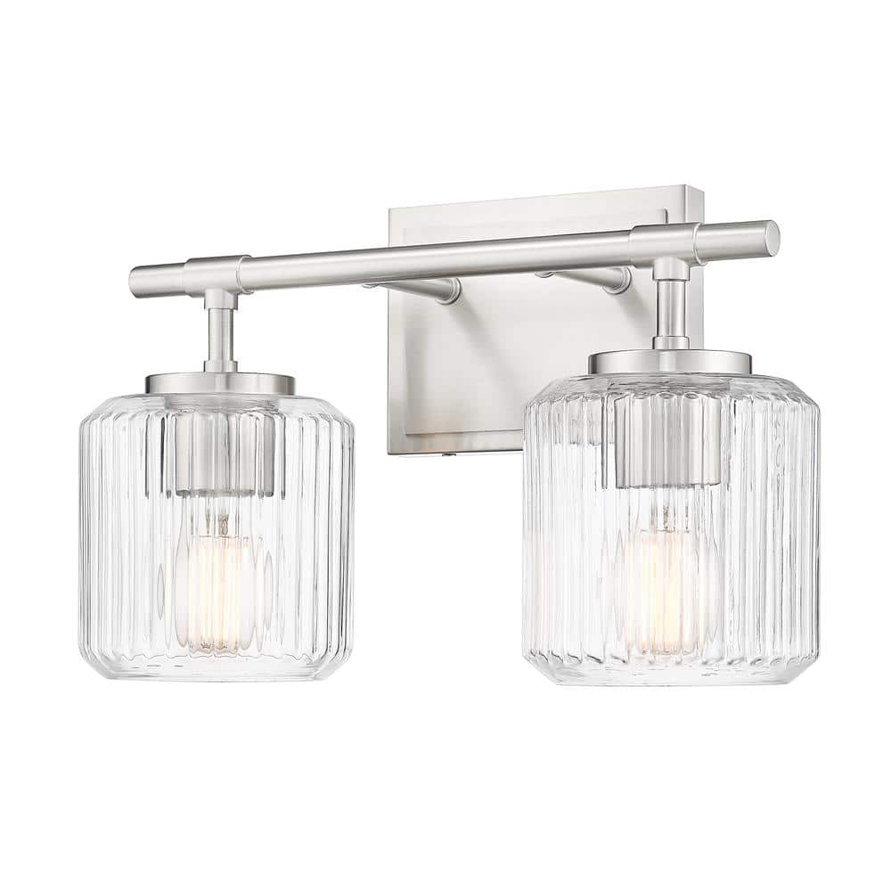 Landon 14 in. 2 Light Brushed Nickel Vanity Light with Clear Ribbed Glass S